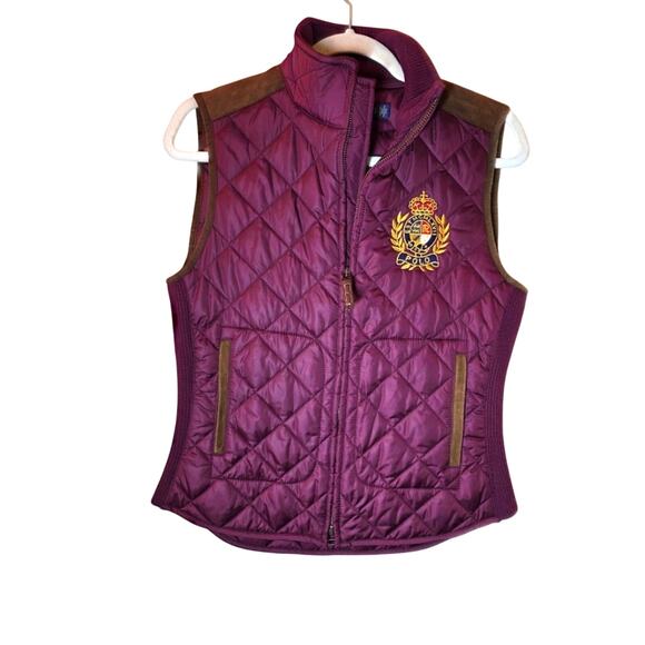 Polo Ralph Lauren Quilted Vest High Collar Burgandy Gold Crest Patch SP Preppy - Picture 1 of 9